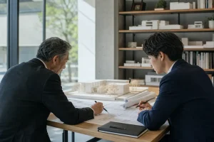 建築模型と図面を前に事業承継を相談する設計事務所代表とアドバイザー