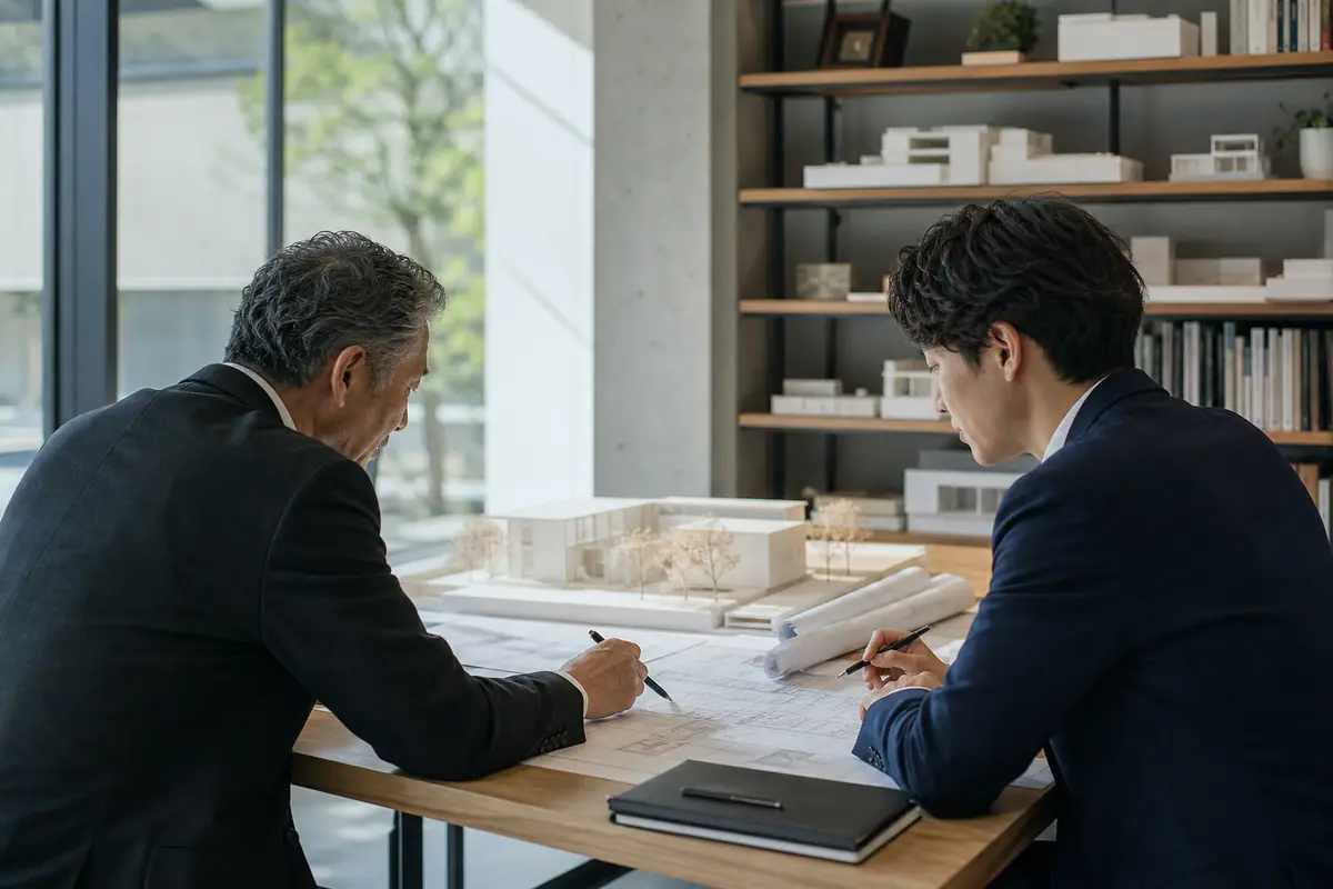 建築模型と図面を前に事業承継を相談する設計事務所代表とアドバイザー