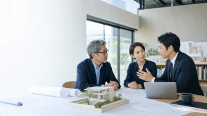 設計事務所の代表者とM&Aアドバイザーが建築模型と図面を前に事業承継を相談する様子